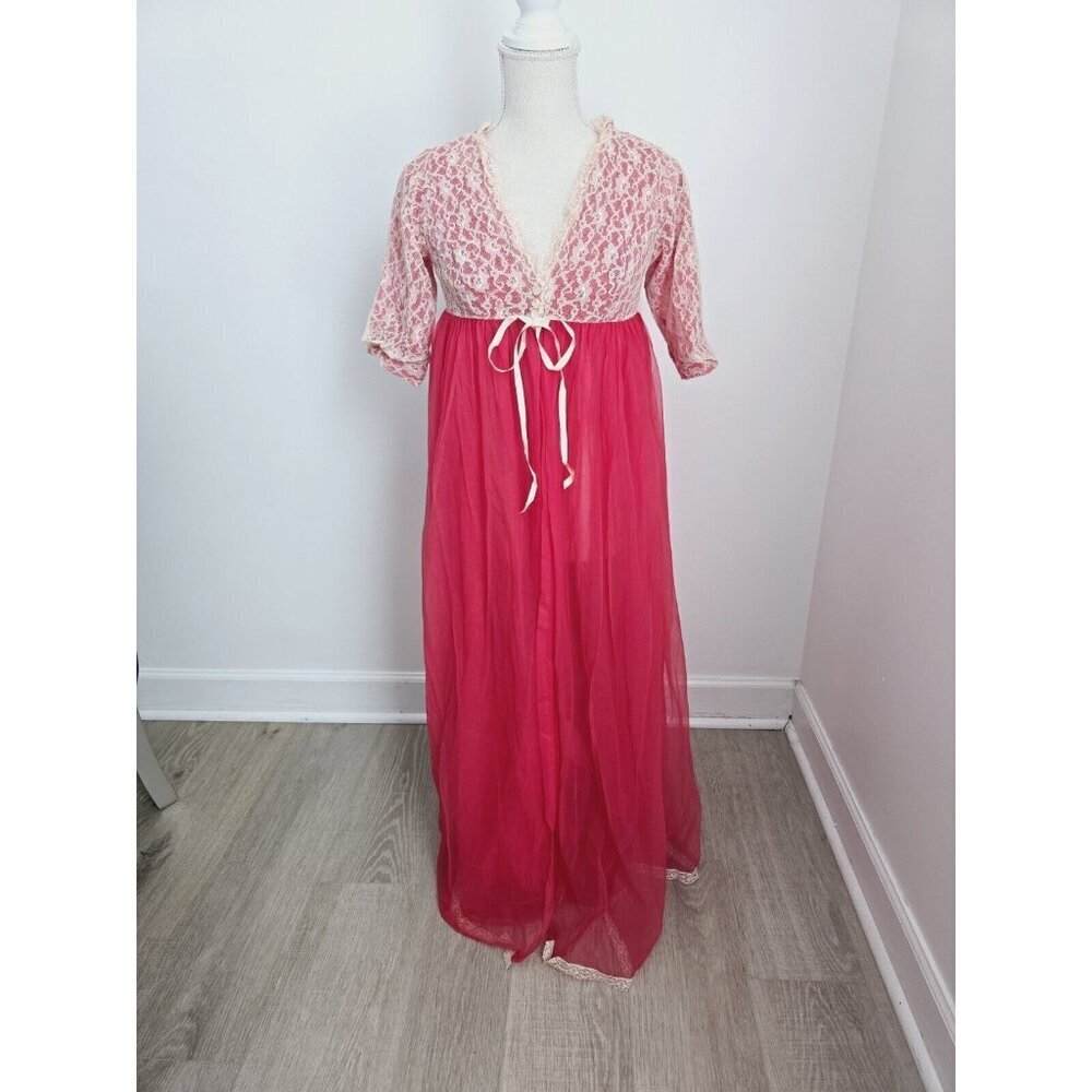 Vintage Nylon Sheer Lace Coral Peignoir Set Night Gown Robe Set Lingerie M